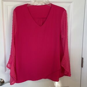 SHEIN Hot Pink V-Neck Blouse with Sheer Sleeves